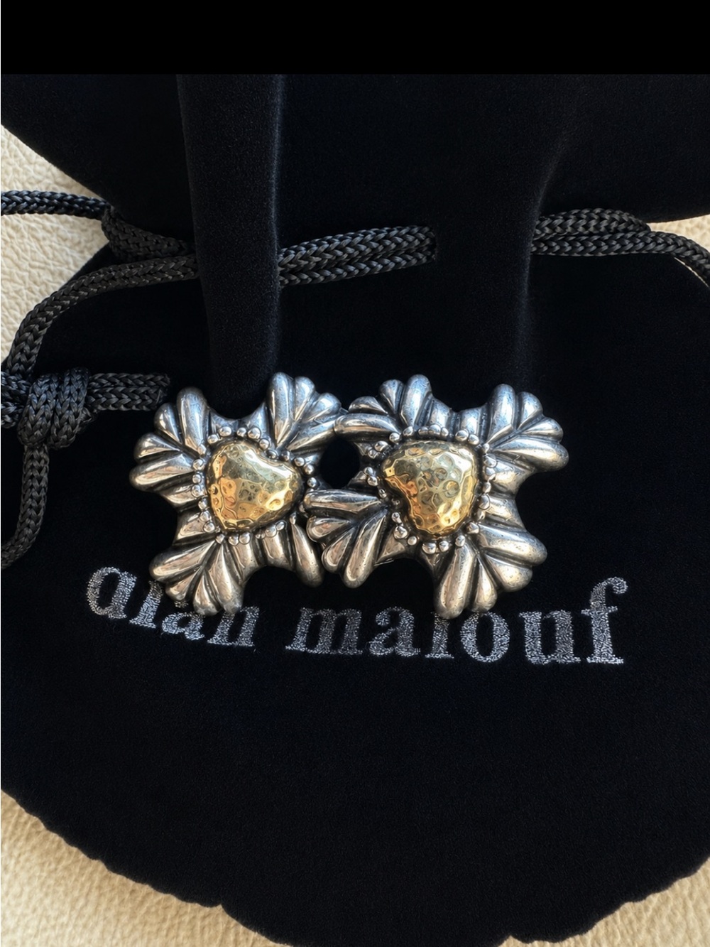 Vintage Dian Malouf Silver and 14 k gold filled hearts clip on earrings